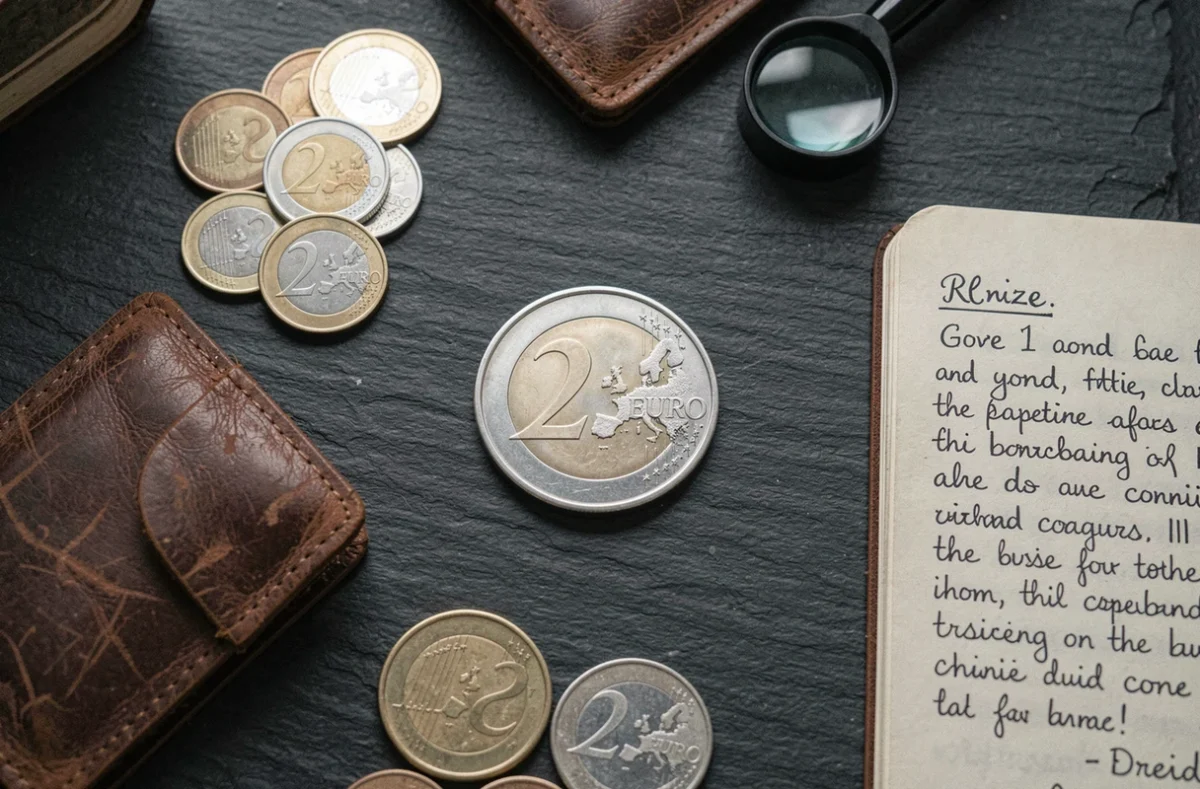 Pièce de 2 euros rare posée sur une ardoise sombre entourée d'une loupe, d'un porte-monnaie en cuir et d'un carnet de notes de collectionneur