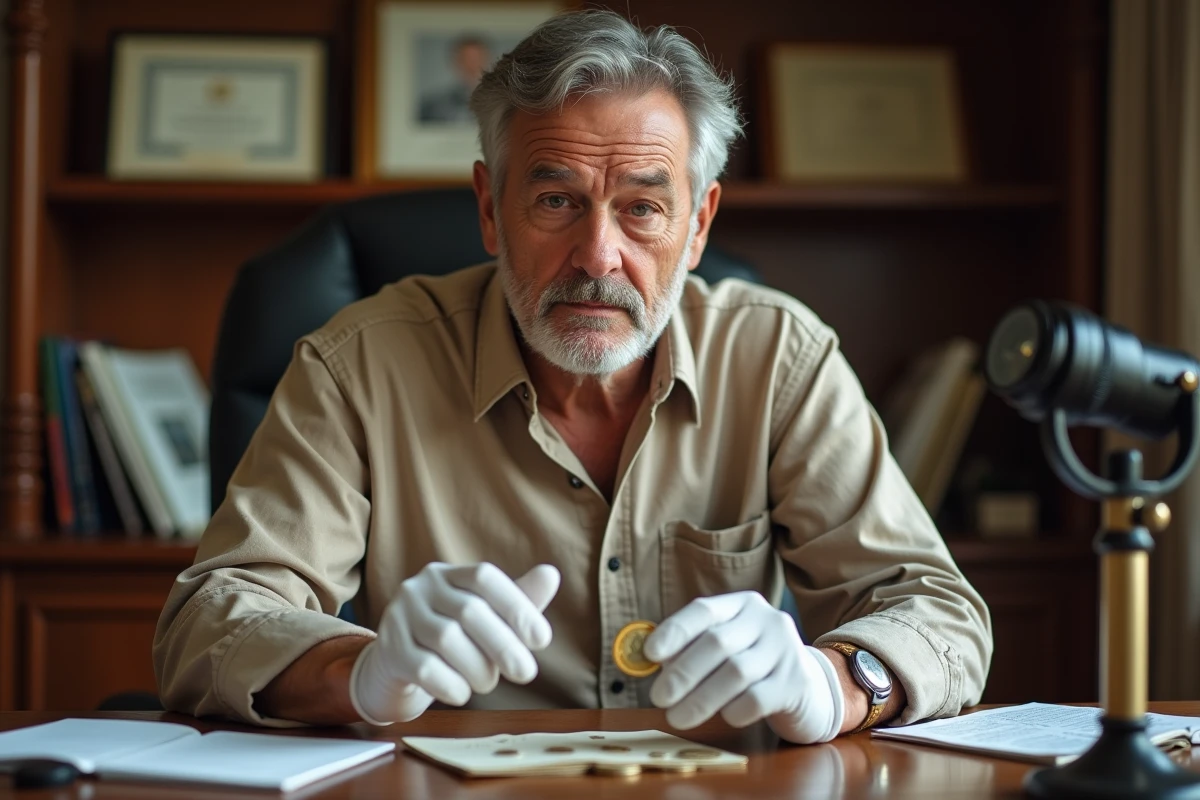 Collectionneur examinant une pièce de 2 euros rare avec une loupe, portant des gants numismatiques blancs