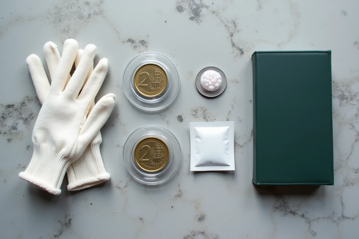 Matériel de conservation pour pièce de 2 euros rare : capsule protectrice, gants blancs et album numismatique