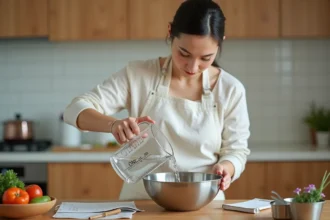 Femme versant un litre d'eau d'un pichet gradué dans un bol en cuisine pour illustrer la conversion de volume