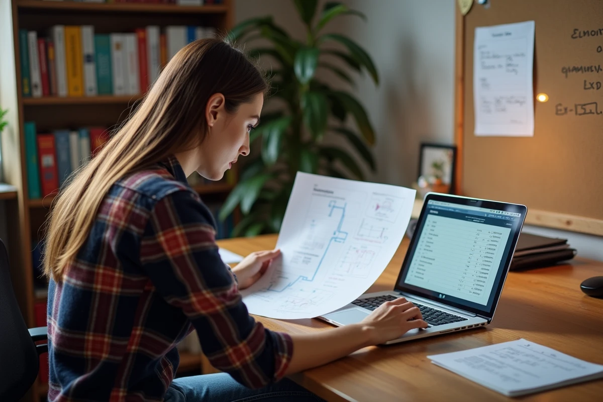 Femme consultant un tableau de conversion PPM à son bureau à domicile avec un ordinateur portable et des documents techniques