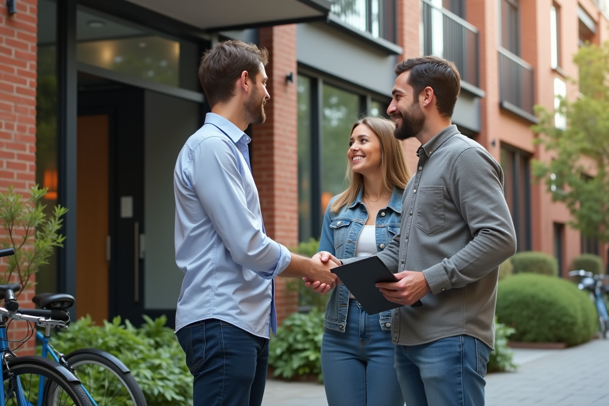 Jeune couple souriant devant un immeuble avec agent immobilier