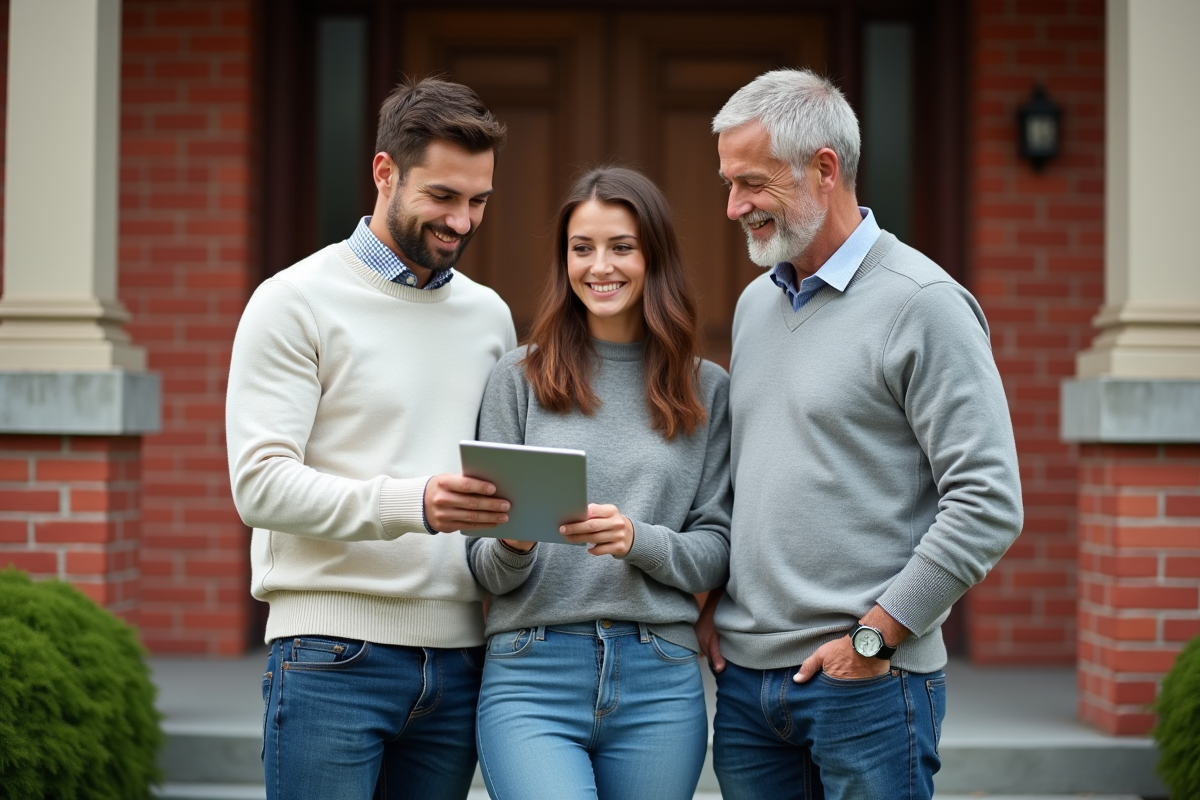 Jeune couple discutant avec agent immobilier devant maison