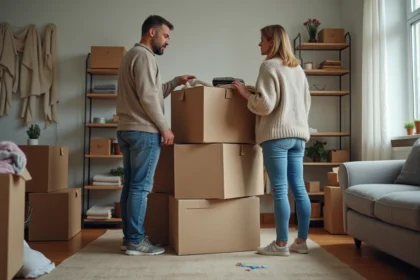 Couple réfléchissant à l'aménagement dans un appartement