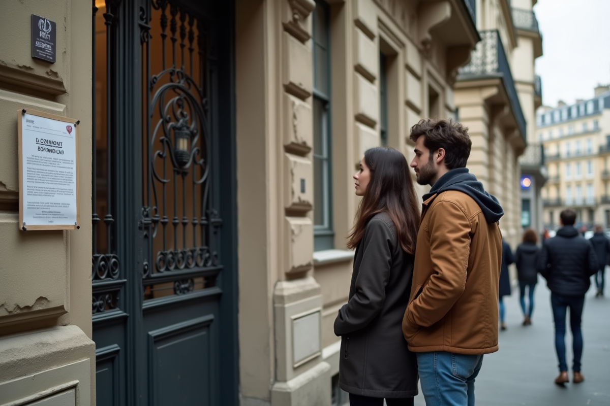Jeune couple devant un immeuble parisien