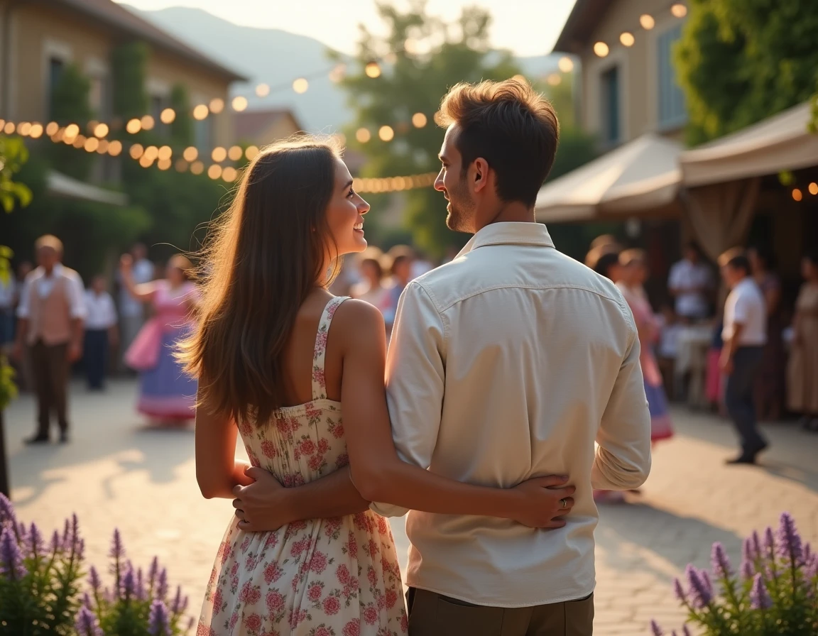 Jeune couple souriant qui assiste à une danse folklorique traditionnelle lors d'une fête de village française