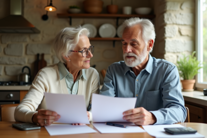 Couple français mature examinant des documents immobiliers
