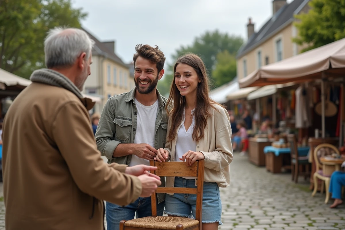 Couple négociant le prix d'une chaise vintage avec un vendeur lors d'une brocante en Morbihan