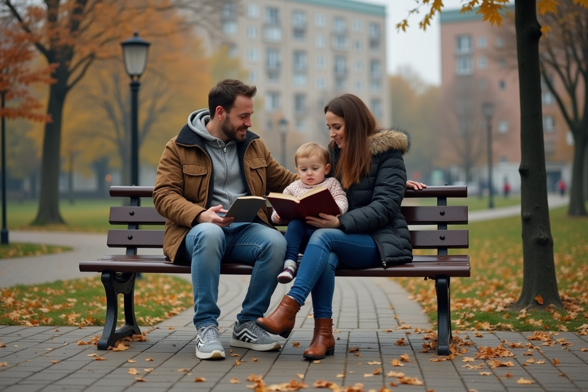 Couple samesex relaxant dans un parc urbain avec un enfant