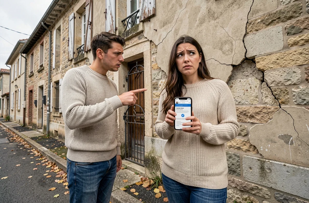 Couple découvrant des défauts cachés sur leur maison récemment achetée, illustrant les recours possibles liés aux vices cachés et à l'article 1641