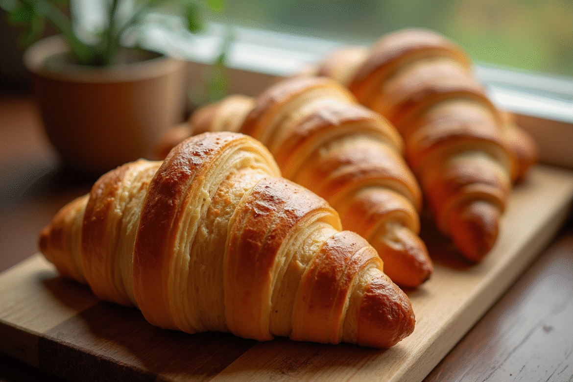 Croissants dorés au beurre sur une planche en bois