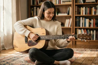 Jeune femme débutante apprenant les accords faciles de guitare acoustique sur le sol de son salon