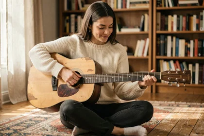Jeune femme débutante apprenant les accords faciles de guitare acoustique sur le sol de son salon