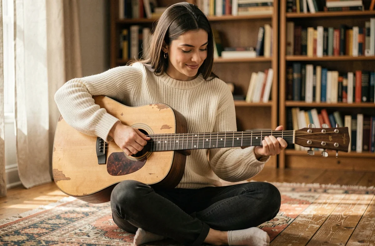 Jeune femme débutante apprenant les accords faciles de guitare acoustique sur le sol de son salon