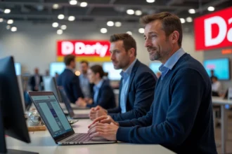 Client déposant un ordinateur portable en panne au comptoir du service après-vente Darty en magasin