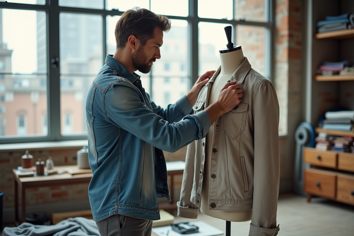 Designer ajustant un manteau sur un mannequin dans un loft lumineux