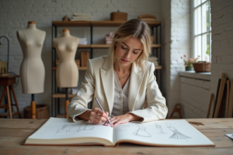 Femme dessinant des modèles de vêtements dans un atelier en lin
