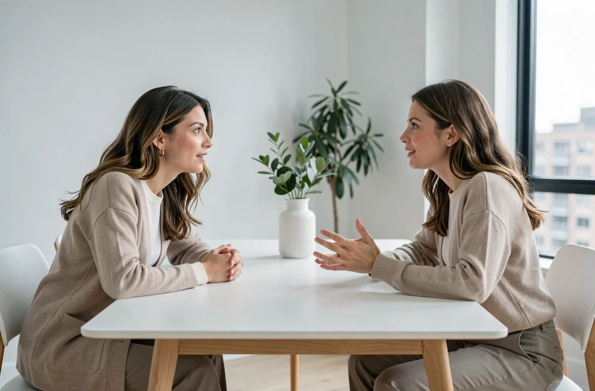 Deux femmes en conversation profonde autour d'une table, illustrant l'analyse des signes qu'une personne pense à vous dans les relations