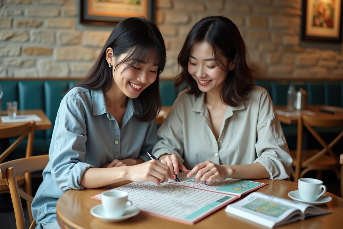 Deux femmes collaborant pour trouver des villes du Japon dans une grille de mots fléchés difficile dans un café
