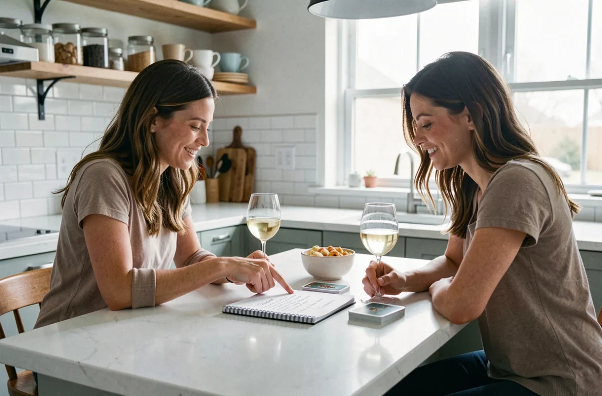 Deux femmes adaptant les règles d'un jeu à boire pour deux joueurs avec un carnet de notes et des cartes sur un comptoir de cuisine