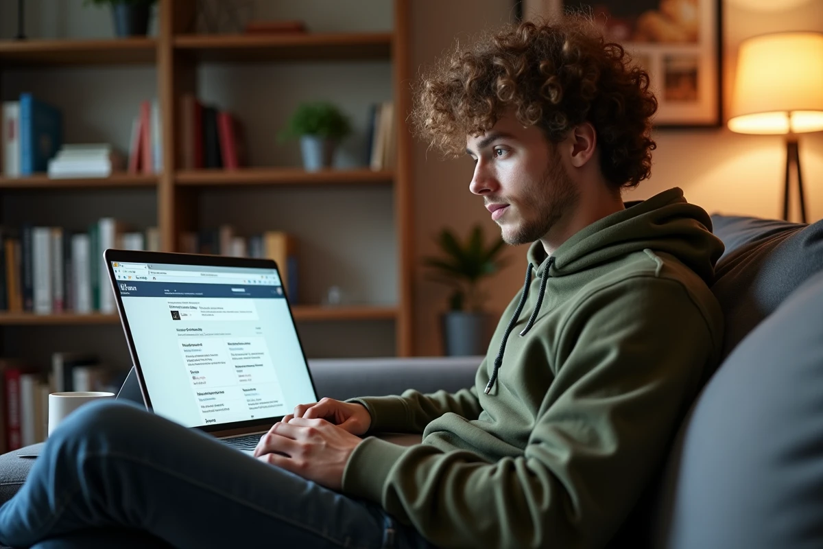 Jeune développeur web consultant des outils d'audit d'URL sur son ordinateur portable à domicile