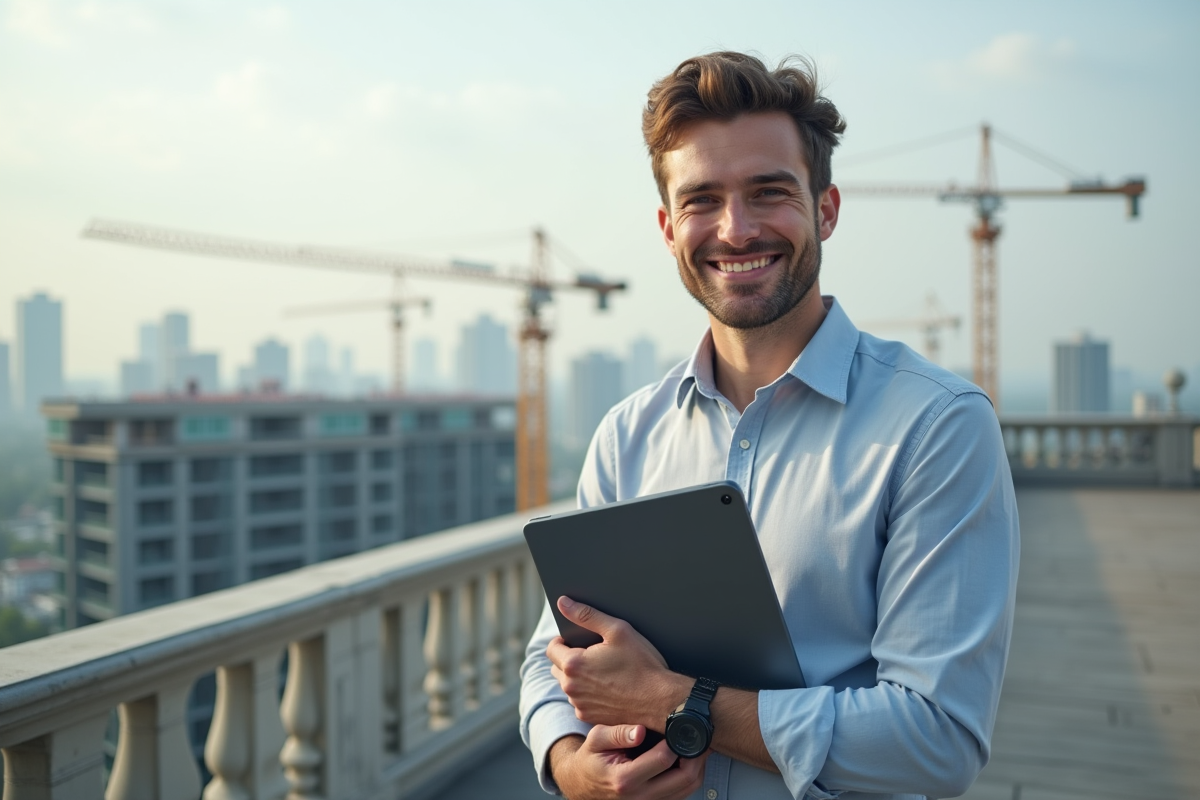 Jeune developpeur immobilier sur un toit avec chantier en arrière-plan
