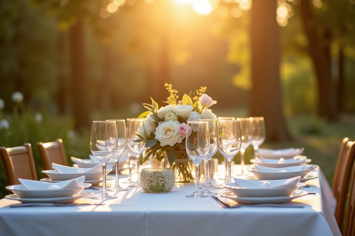 Table de fête extérieure élégante pour anniversaire avec lumière dorée