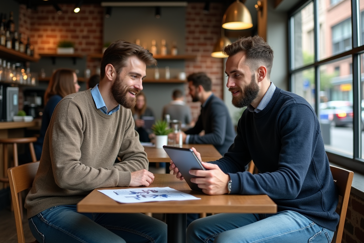 Deux hommes discutant de diagrammes AI dans un café urbain