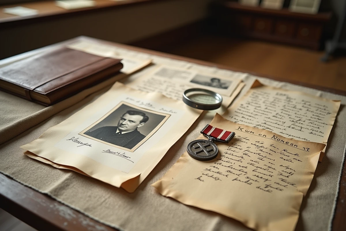 Documents historiques de la Seconde Guerre mondiale, photographies et médaille liés à la Résistance norvégienne disposés sur une table de conservation muséale