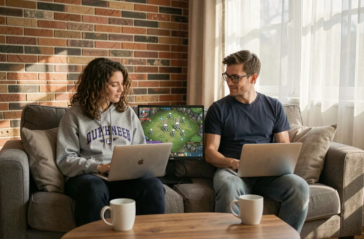 Deux joueurs de Dofus discutant des erreurs à éviter lors de la quête de l'os de Wabbit sur leurs ordinateurs portables