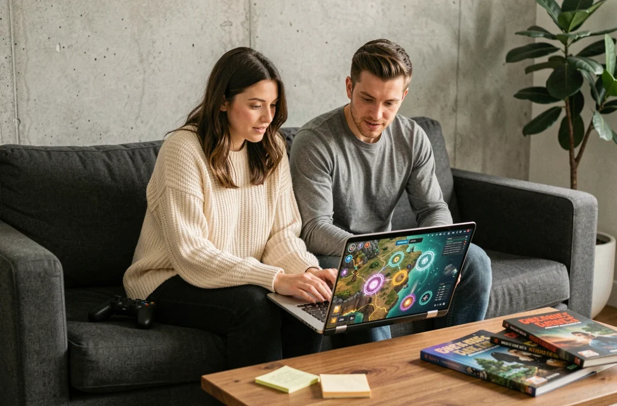 Deux joueurs adultes consultant ensemble une carte de portails MMORPG sur un ordinateur portable dans un salon moderne