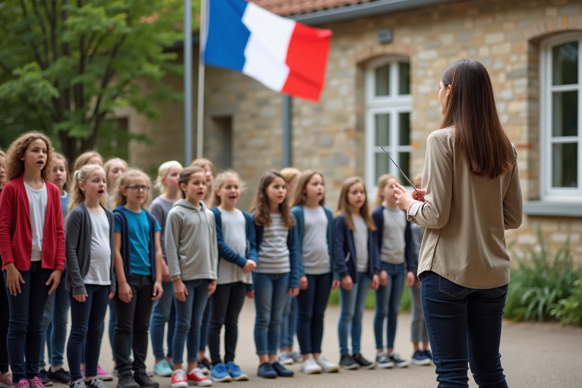 Écoliers français chantant La Marseillaise dans une cour d'école avec drapeau tricolore