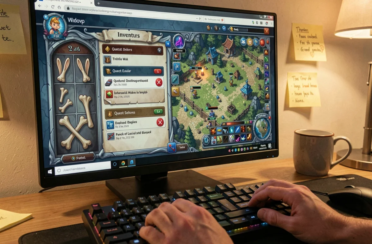 Écran de jeu Dofus affichant l'interface de l'os de Wabbit avec des erreurs de quête et un inventaire détaillé
