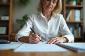 Femme écrivant le montant deux mille cinq cents euros en lettres sur un chèque à son bureau