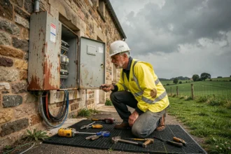 Électricien d'urgence intervenant sur un tableau électrique extérieur en Seine-Maritime