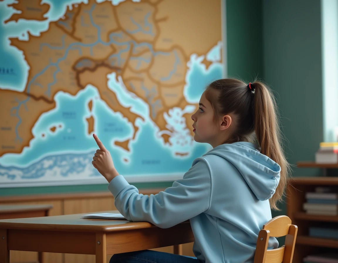 Élève pointant la ligne du Danube sur une carte murale de l'Europe en classe de géographie