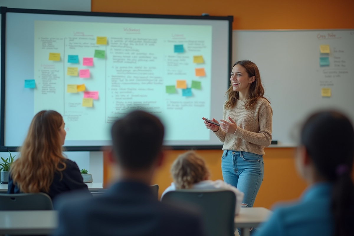 Etudiant confiant présentant devant ses pairs en classe