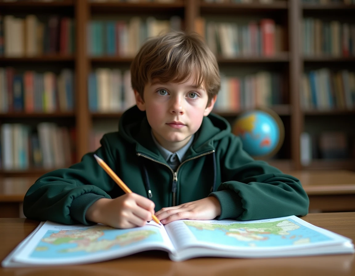 Jeune élève révisant la longueur du Danube avec un atlas et des notes manuscrites à la bibliothèque