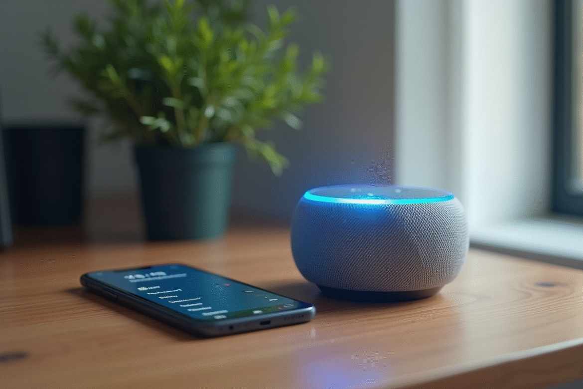Enceinte intelligente avec lumière bleue sur un bureau moderne
