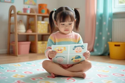 Petite fille apprenant les noms des Télétubbies avec une fiche pratique illustrée dans une salle de jeux colorée