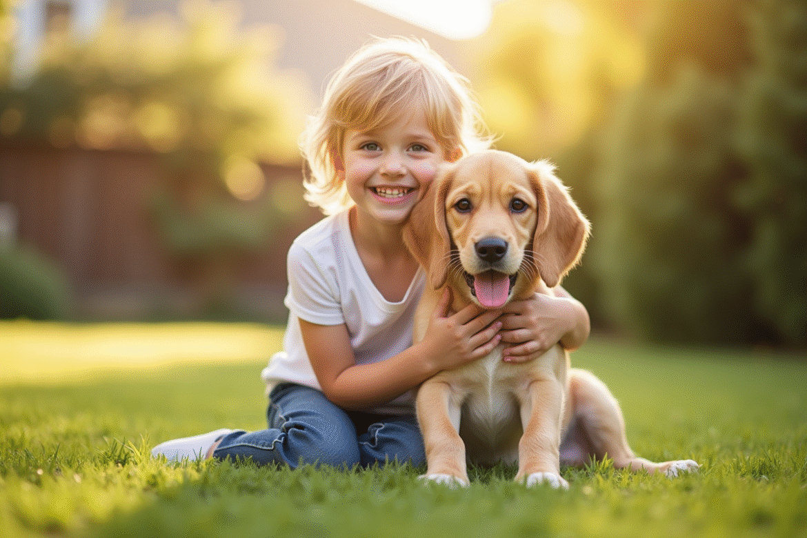 Enfant souriant avec un chiot beagle au citron dans le jardin
