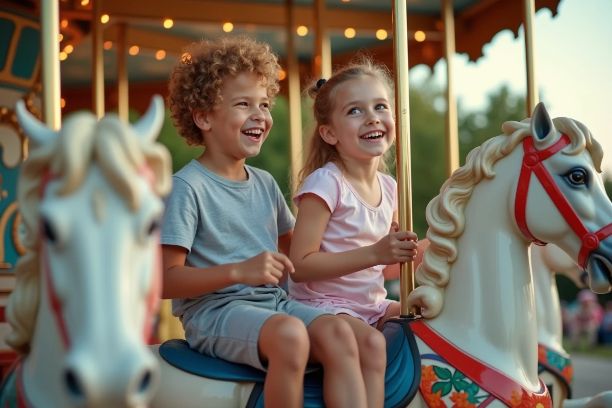 Enfants riant sur un manège de carrousel en plein air