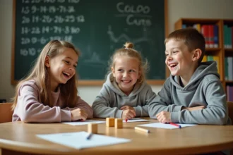 Enfants jouant au 421 avec des dés en bois sur une table de classe, fiche de score posée devant eux