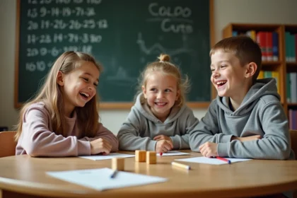 Enfants jouant au 421 avec des dés en bois sur une table de classe, fiche de score posée devant eux