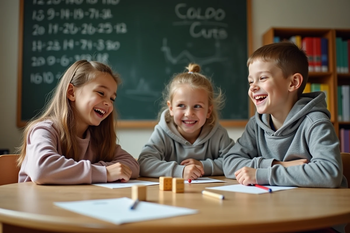 Enfants jouant au 421 avec des dés en bois sur une table de classe, fiche de score posée devant eux