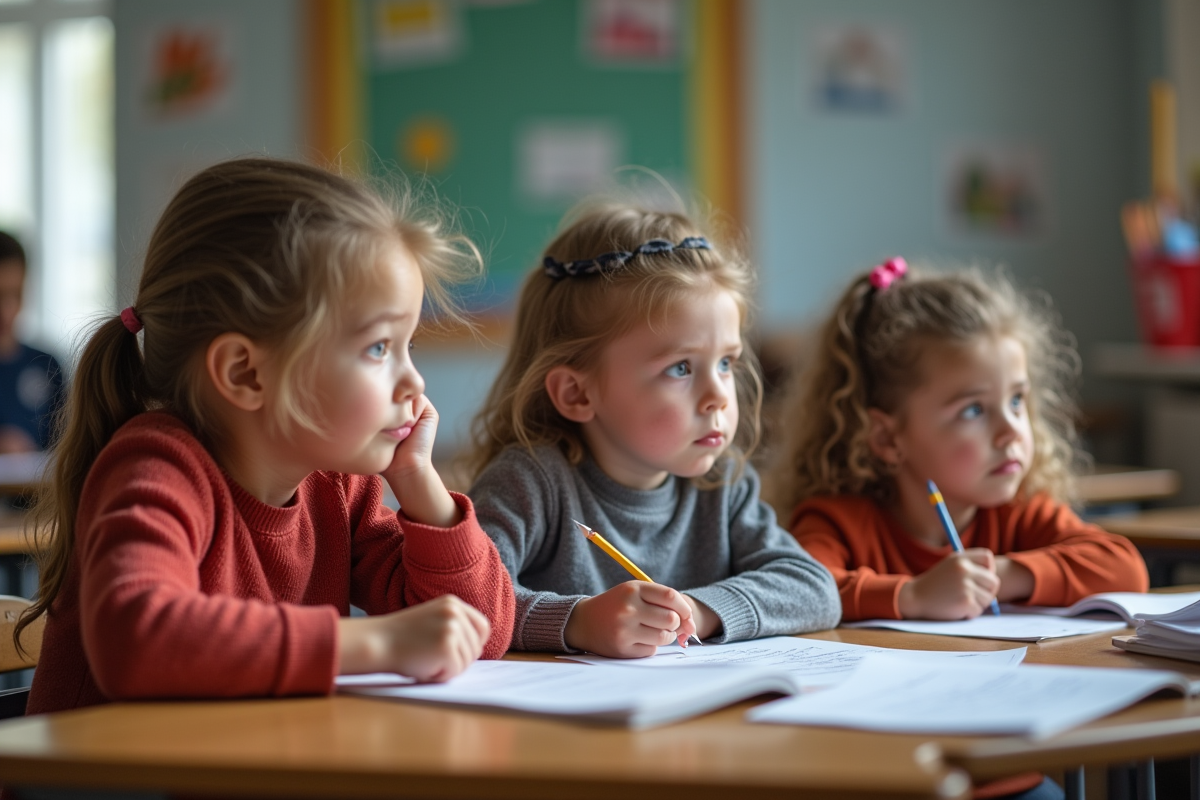 Trois enfants à l école montrant différentes émotions