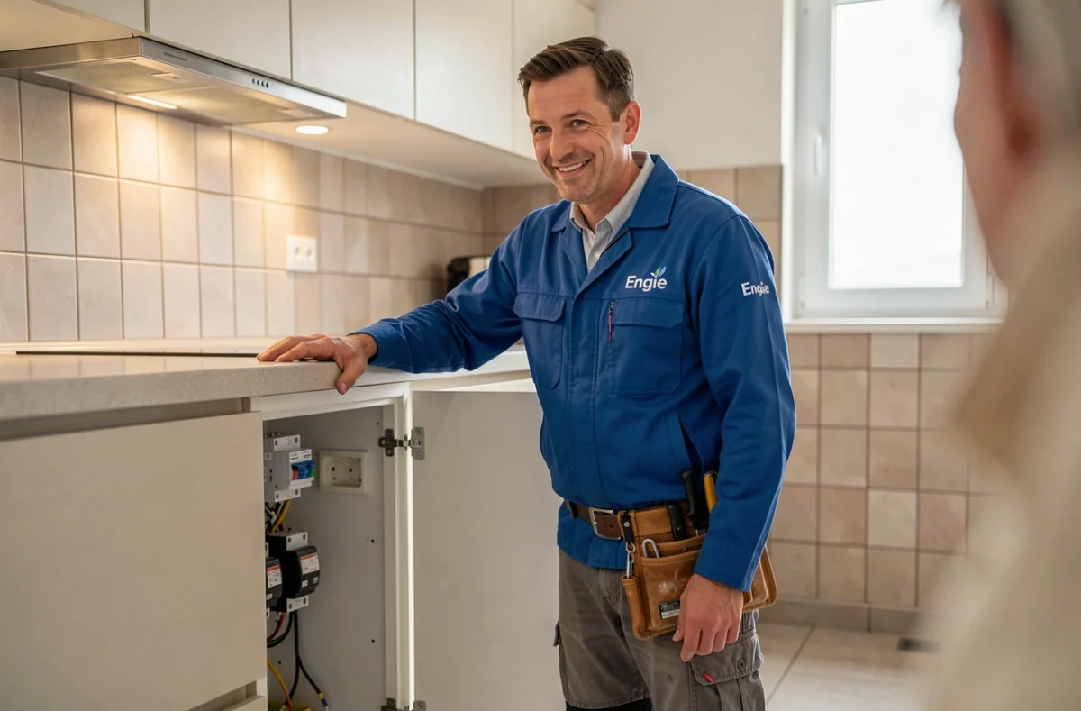 Technicien d'Engie Home Services Rouen expliquant une réparation électrique dans un appartement moderne
