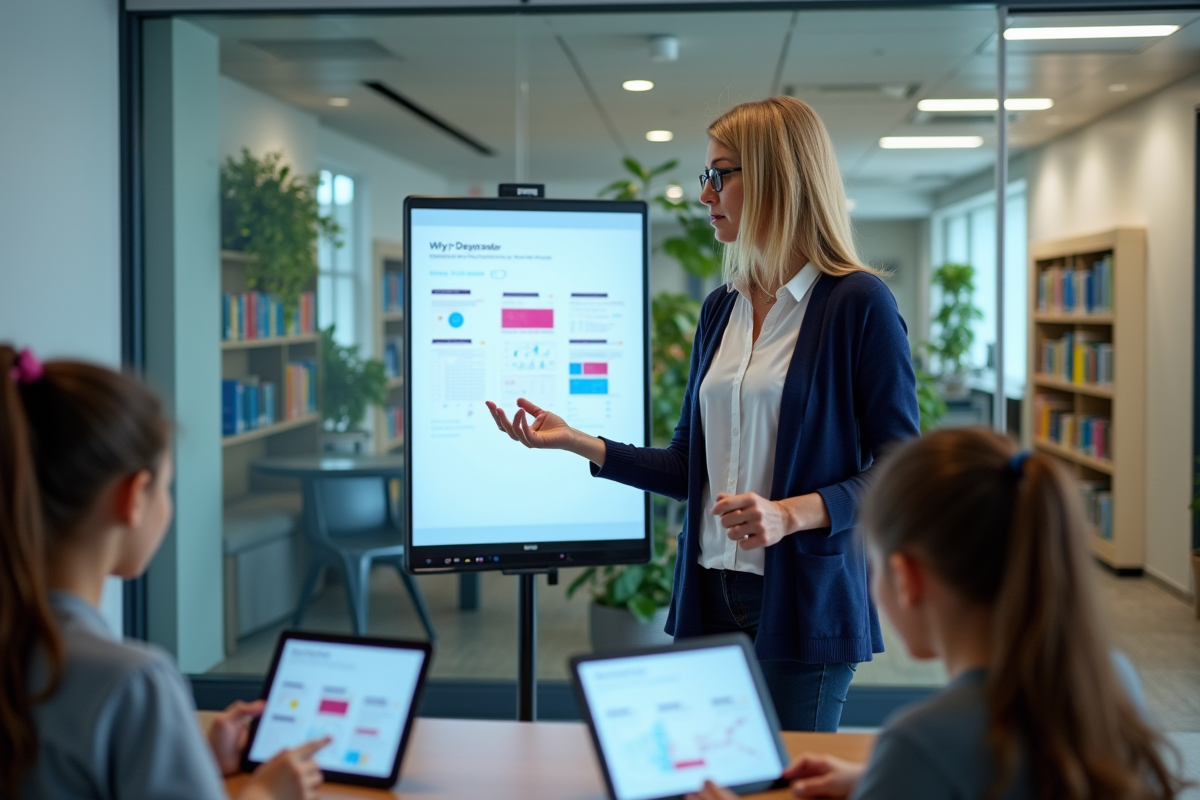 Professeure expliquant un tableau numérique aux élèves