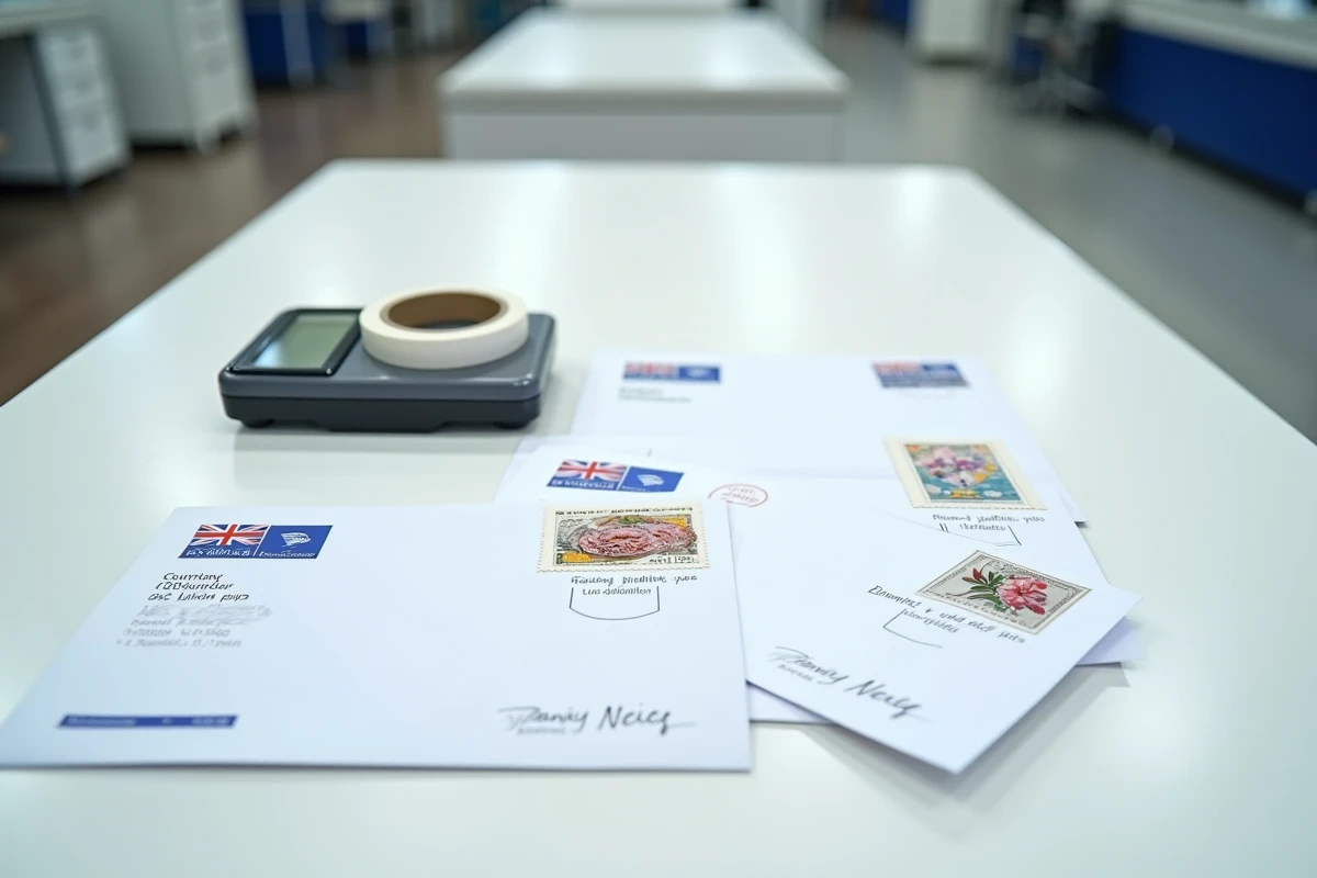 Vue à plat d'enveloppes internationales avec timbres et balance postale sur un comptoir de bureau de poste