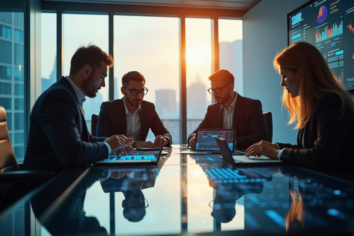Groupe de professionnels en réunion dans un bureau moderne analysant des données